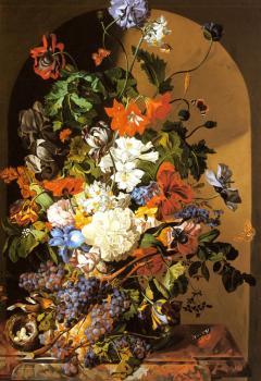 Leopold Zinnogger : A Still Life with Flowers and Grapes